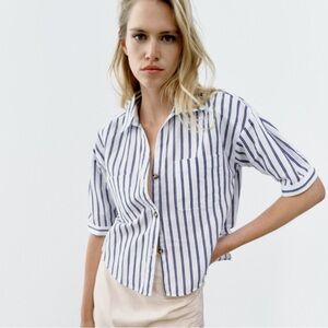 Zara Linen Cotton Blend Striped Button-Up Shirt